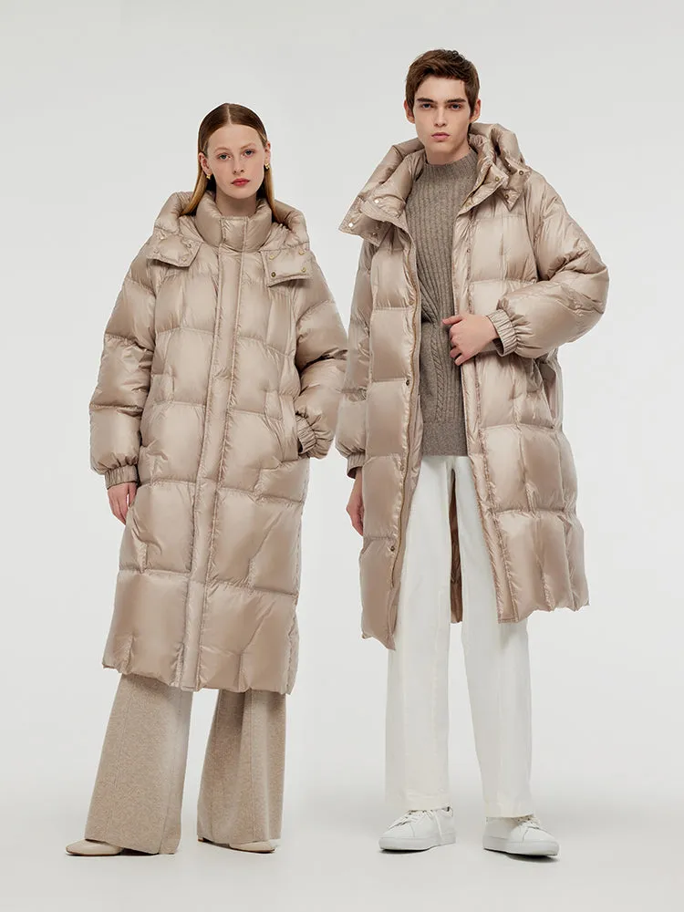 Manteau long en duvet d'oie à capuche unisexe en or rose