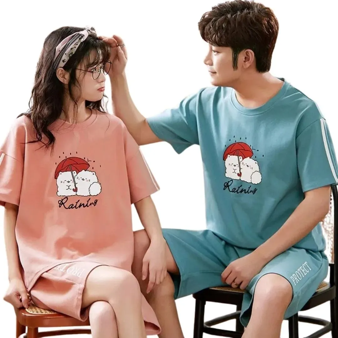 Pyjama d'té en Coton à Manches Courtes pour Couples